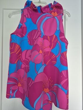 Tuckernuck Pink and Blue Floral Ruffle Neck Sleeveless Top